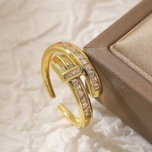 Classic Gold and Diamond CZ Belt Shaped Open Adjustable Ring